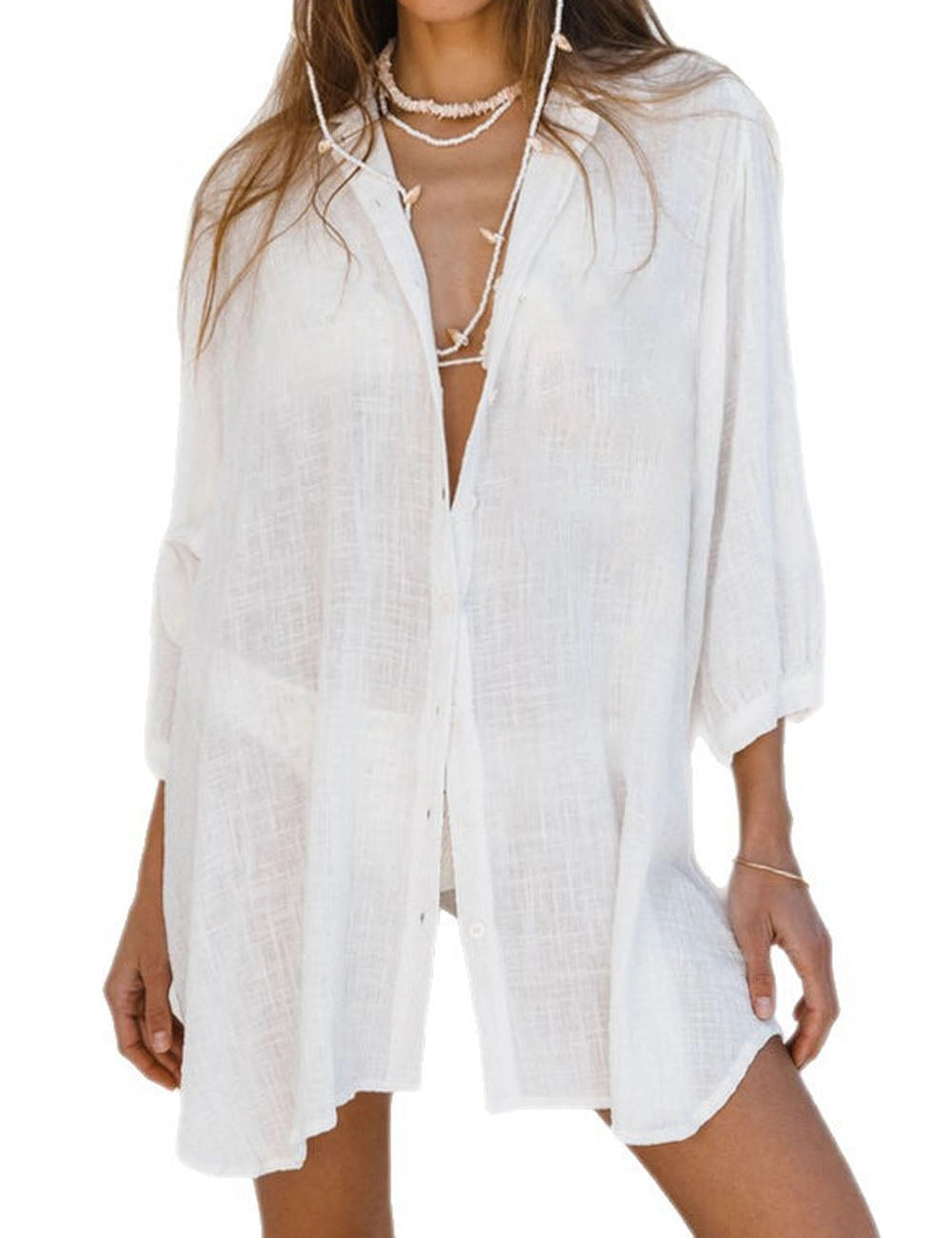 Simple Solid Color Swimsuit Beach Coverup Blouse - White