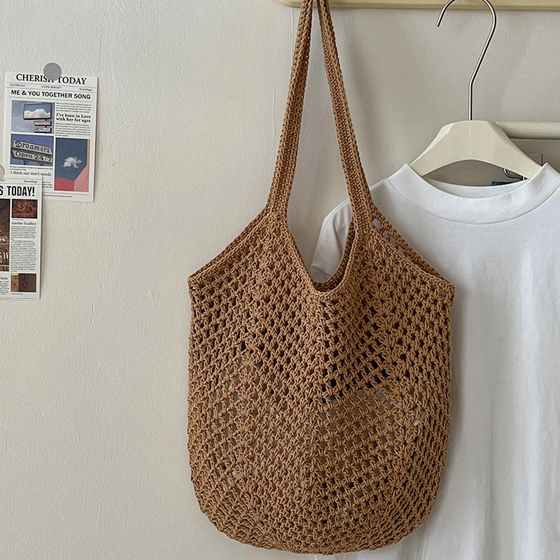 Solid Color Hollow Out Simple Beach Shoulder Bag - Coffee