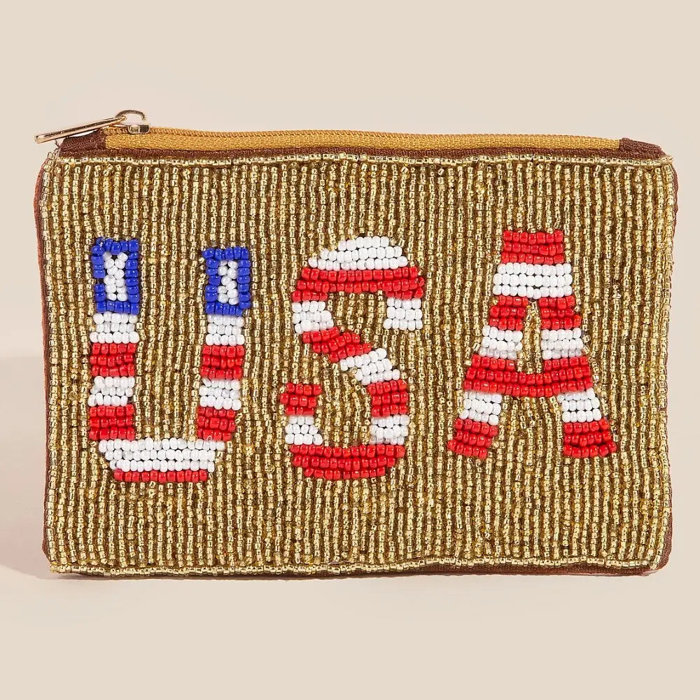 USA Theme Golden Seed Beaded Coin Purse